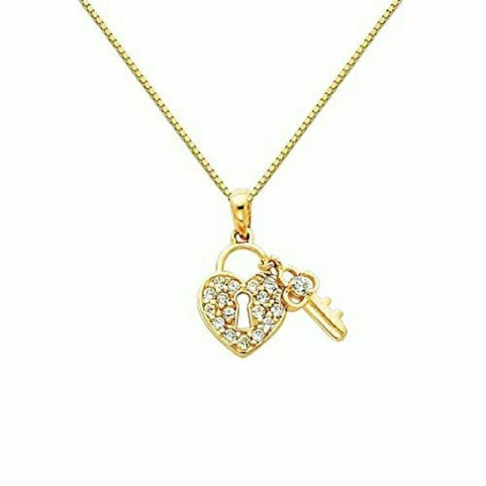 14k yellow gold CZ Heart Lock Key Necklace